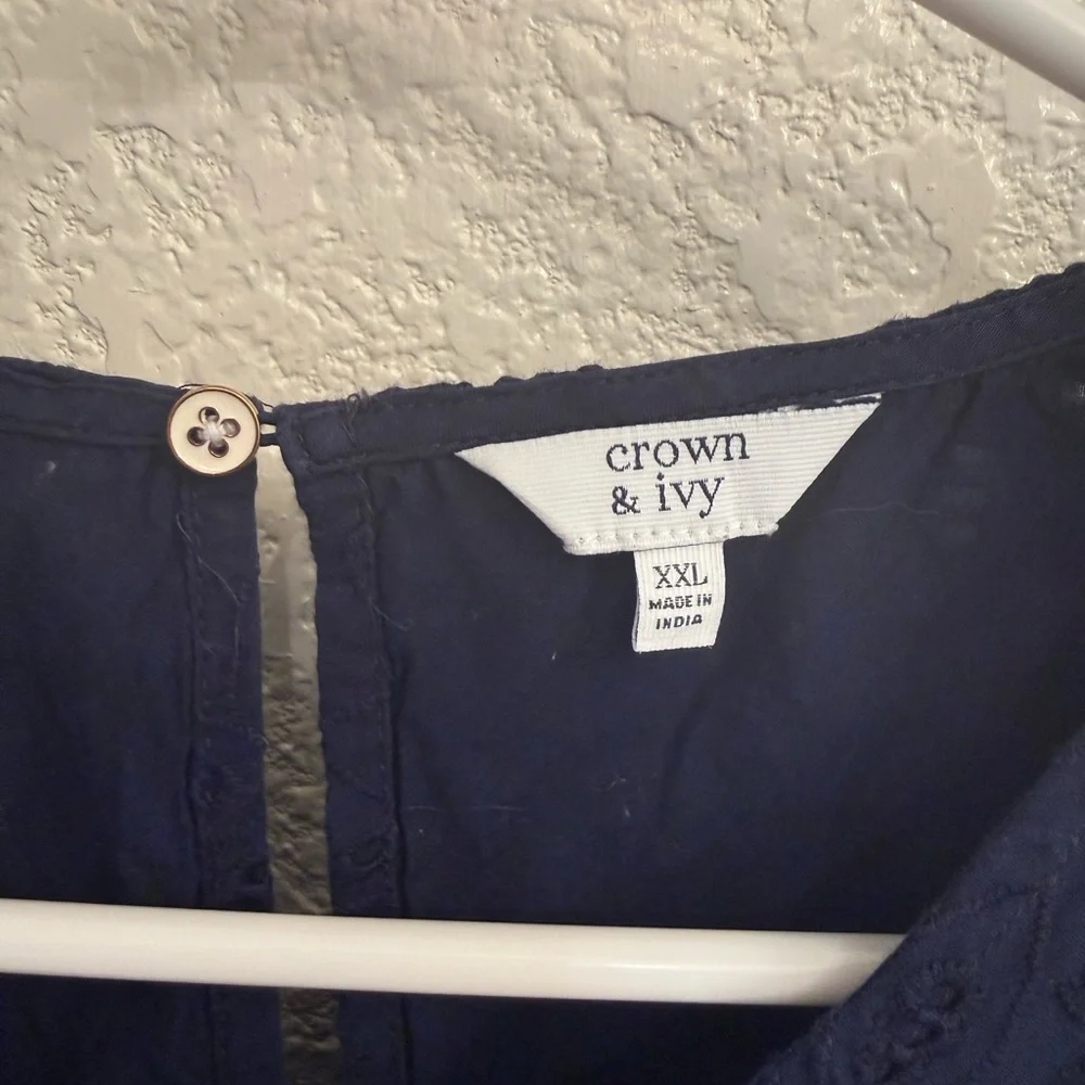 Navy Blue 100% Cotton Eyelet Blouse by Crown & Ivory-Boho Flutter Sleeve XXL - Picture 9 of 17